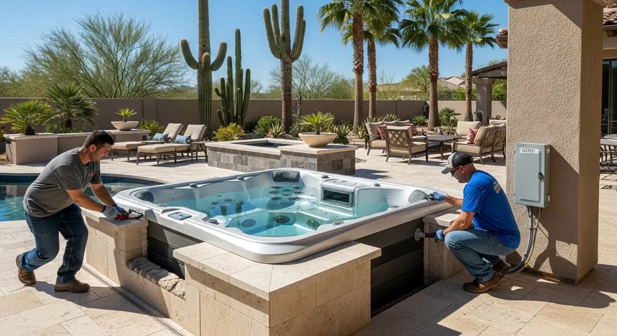 Professional hot tub and spa installation contractor installing a luxury above-ground hot tub in a Scottsdale Arizona travertine patio with desert landscaping and McDowell Mountains backdrop