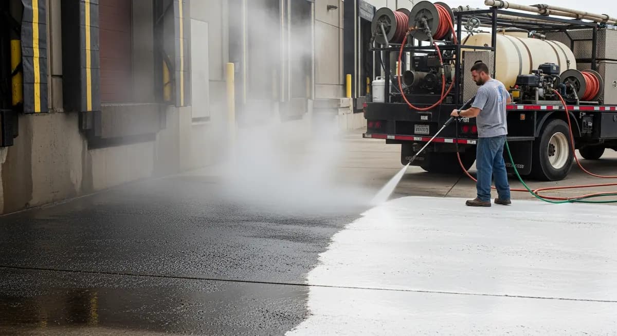 Professional hot water pressure washing contractor using truck-mounted hot water system with steam visible cleaning grease from restaurant loading dock concrete in Houston Texas showing clean concrete revealed by commercial hot water pressure washing