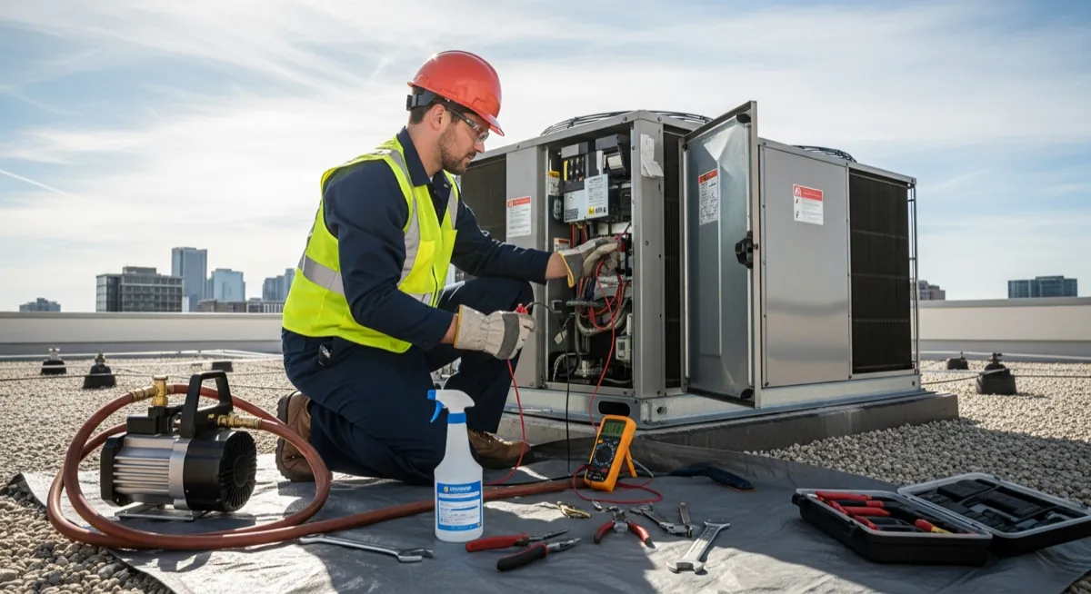 Professional HVAC technician servicing an air conditioning unit for contractor marketing