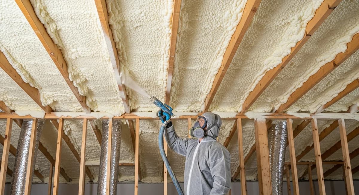 Professional insulation contractor applying spray foam insulation in a residential attic for marketing