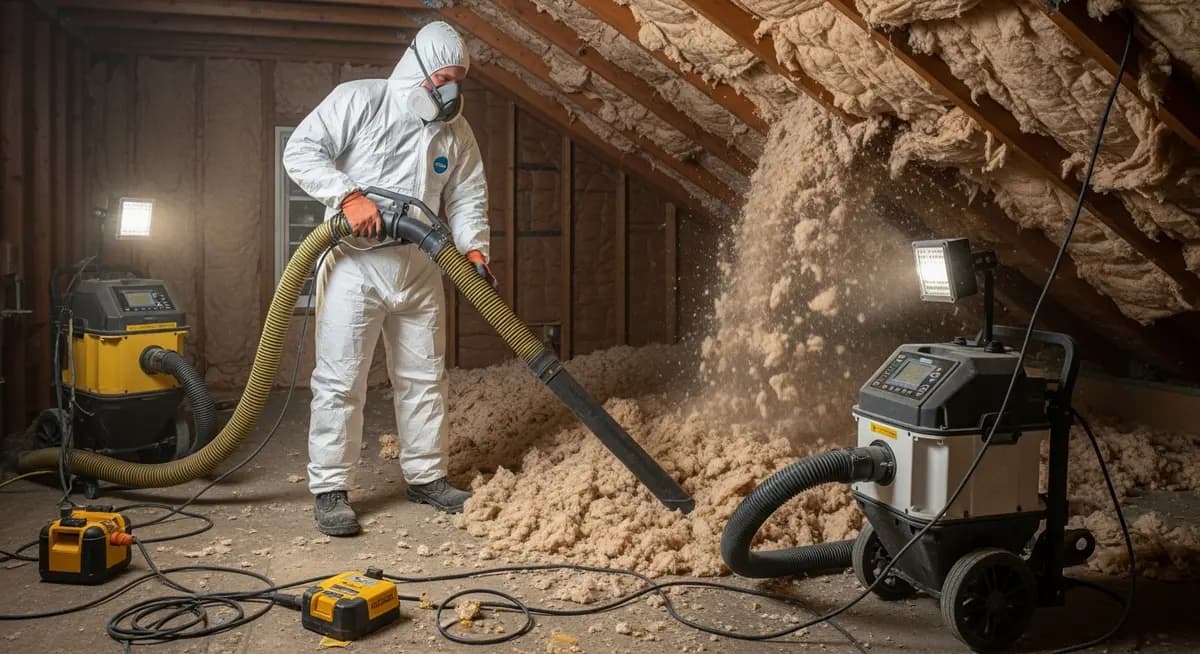 Professional insulation removal contractor in full Tyvek protective suit and N100 respirator using industrial vacuum hose to remove contaminated blown cellulose attic insulation in a residential Indianapolis Indiana attic with insulation vacuum equipment visible