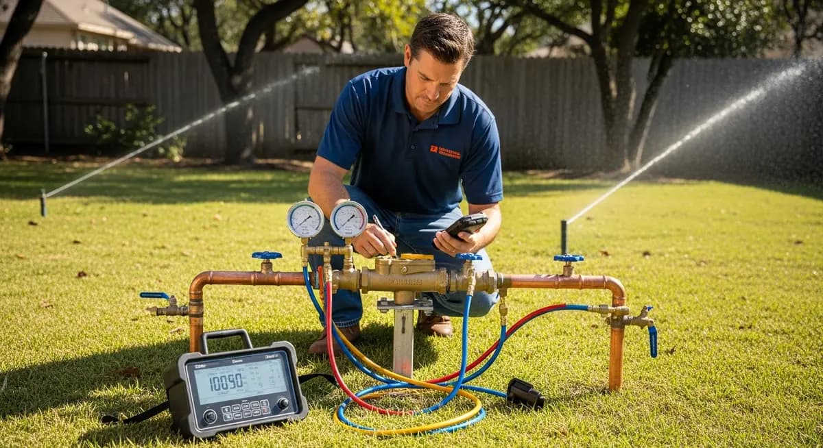 Licensed backflow prevention assembly tester using a digital test gauge kit to test a reduced pressure zone RPZ backflow prevention assembly on a residential irrigation system in a sunny San Antonio Texas backyard with sprinkler heads visible