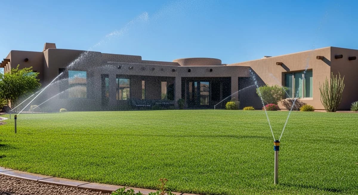 Professional irrigation and sprinkler contractor installing a lawn irrigation system with spray heads and drip lines in a Southwest US residential yard