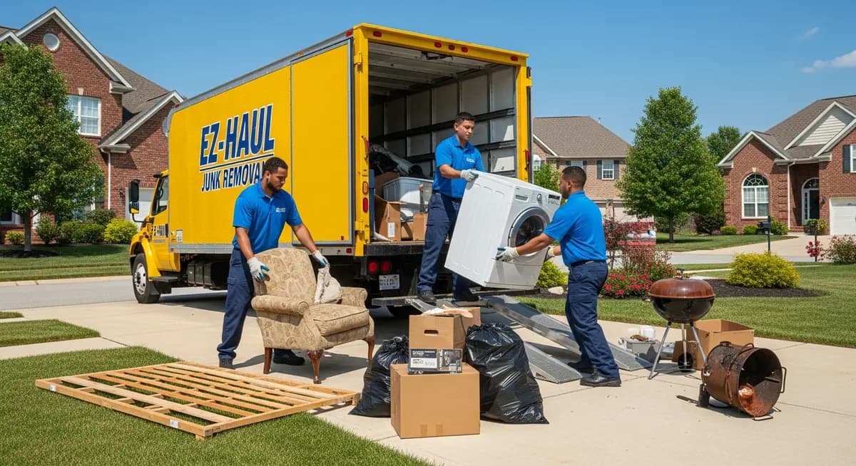 Professional junk removal truck crew loading old furniture and household items from a residential driveway during a same-day junk hauling job
