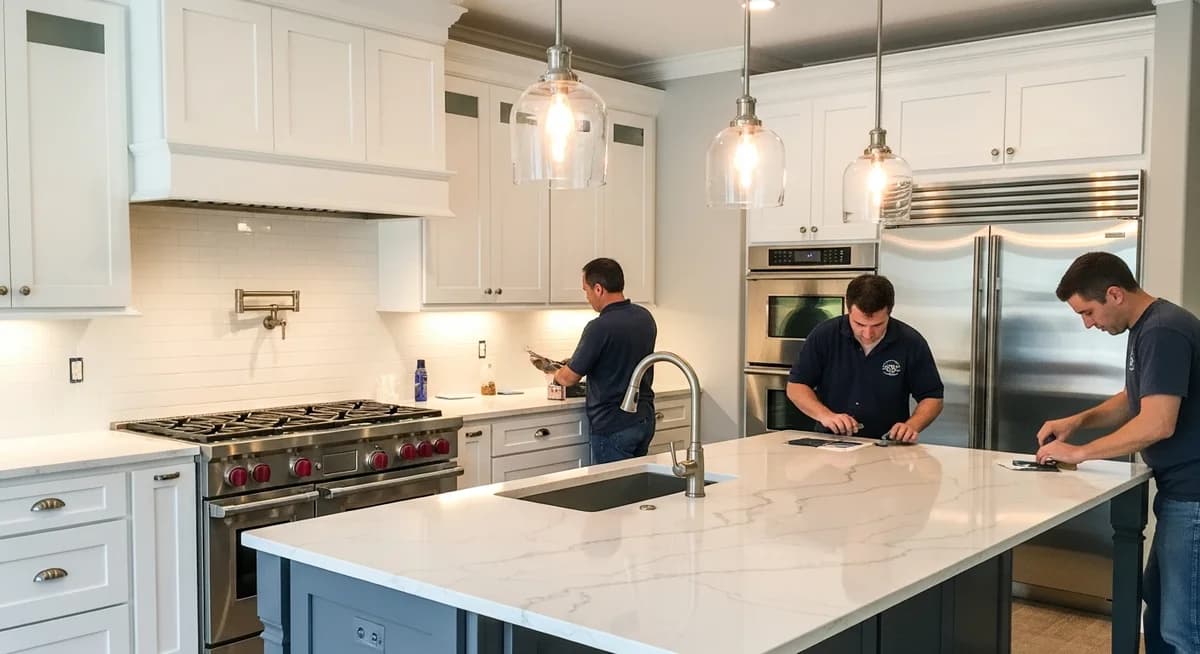Professional kitchen remodeling contractor installing custom white shaker cabinets with quartz countertops in a luxury residential kitchen renovation