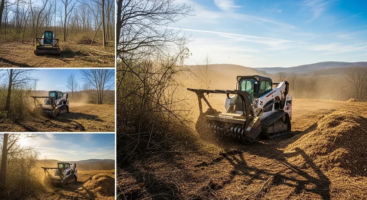 Professional land clearing contractor operating forestry mulcher attachment on tracked skid steer clearing dense brush and small trees on a residential lot with freshly mulched ground visible