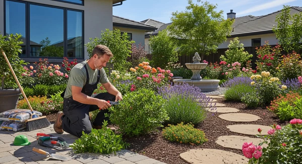 Professional landscaper working in a residential garden for landscaping marketing