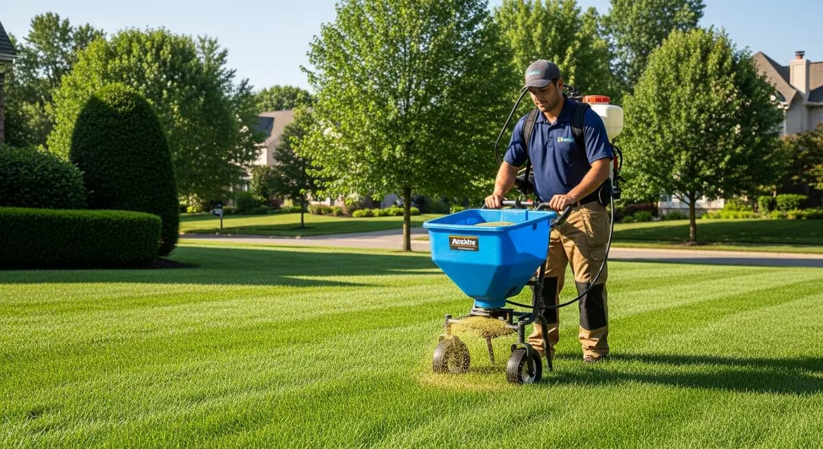 Professional lawn care technician operating a commercial broadcast spreader applying granular fertilizer to a lush green suburban lawn in summer