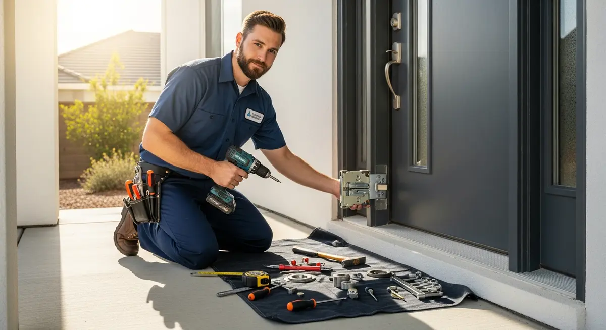 Professional locksmith technician installing a residential deadbolt lock for locksmith marketing