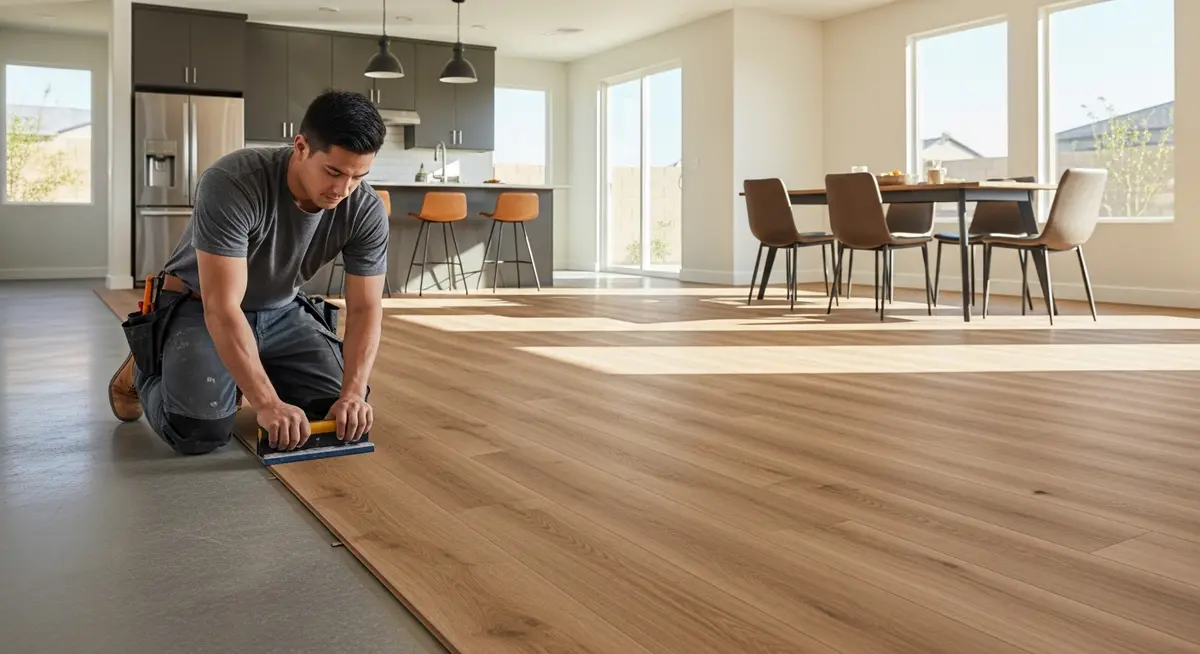 Professional LVP flooring contractor in Phoenix Arizona installing luxury vinyl plank flooring over a concrete slab-on-grade showing contractor using tapping block and pull bar to click-lock large format wood-look LVP planks in a bright Scottsdale open floor plan with freshly installed warm oak-tone luxury vinyl plank extending across sunlit living and dining area