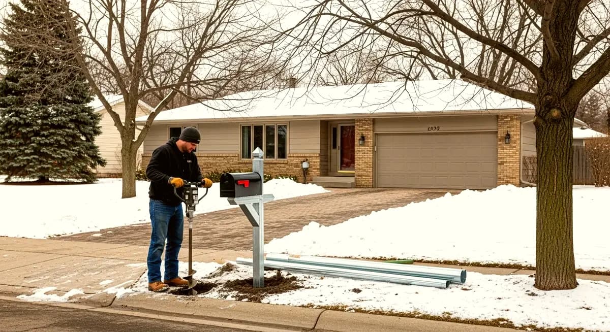 Professional mailbox mounting bracket replacement contractor installing new galvanized steel mounting bracket on residential curbside mailbox post San Antonio Texas Bexar County suburban driveway sunny day photography