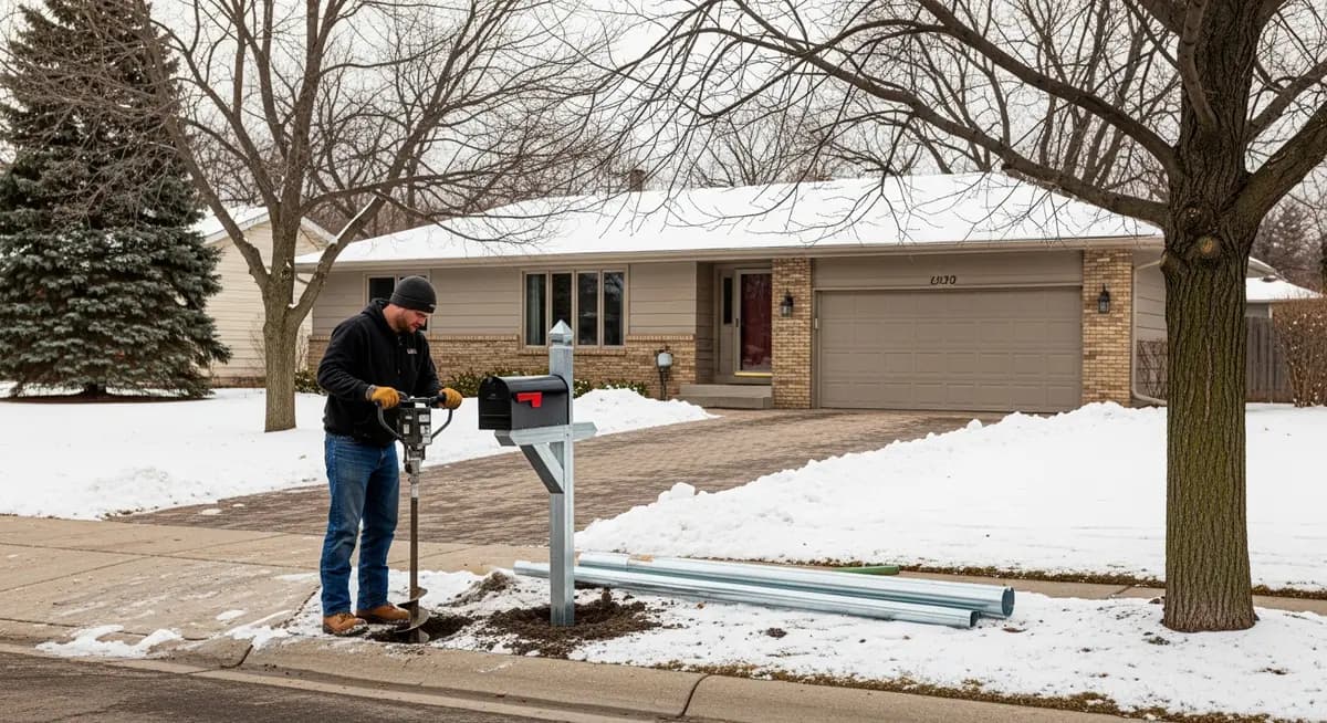 Professional mailbox post replacement contractor setting galvanized steel mailbox post in concrete at Minneapolis Minnesota residential driveway entrance suburban neighborhood Hennepin County photograph