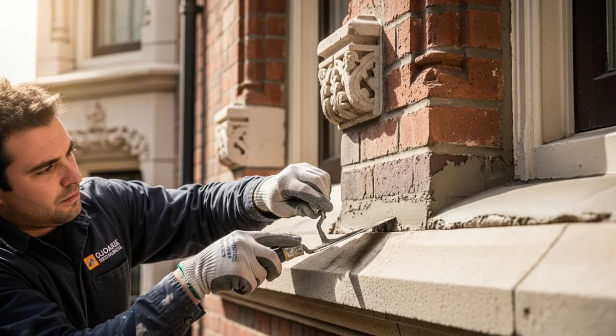 Professional masonry contractor doing brick tuckpointing and stone work on a historic residential building exterior