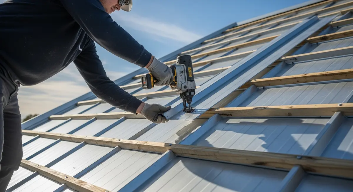 Professional metal roofing contractor installing standing seam metal roof panels on a residential home with silver corrugated panels and blue sky background