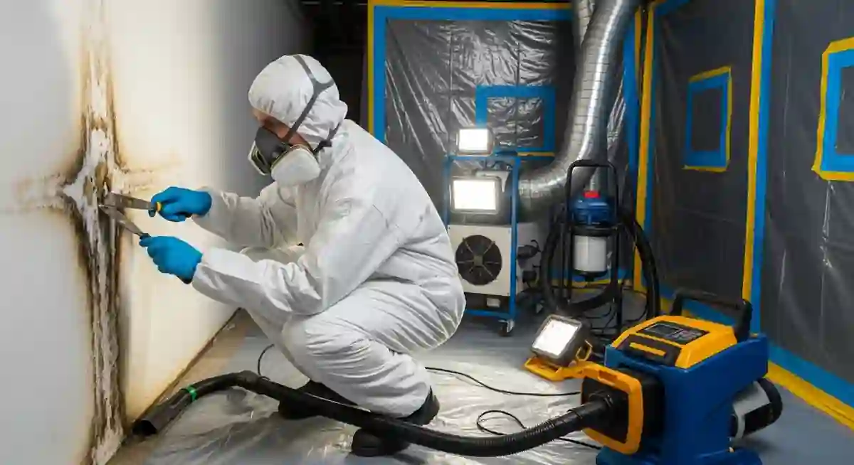 Professional mold remediation contractor in protective gear removing mold from a residential home