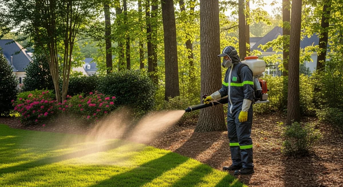 Professional mosquito and tick control technician applying barrier spray treatment along the wooded edge of a suburban backyard