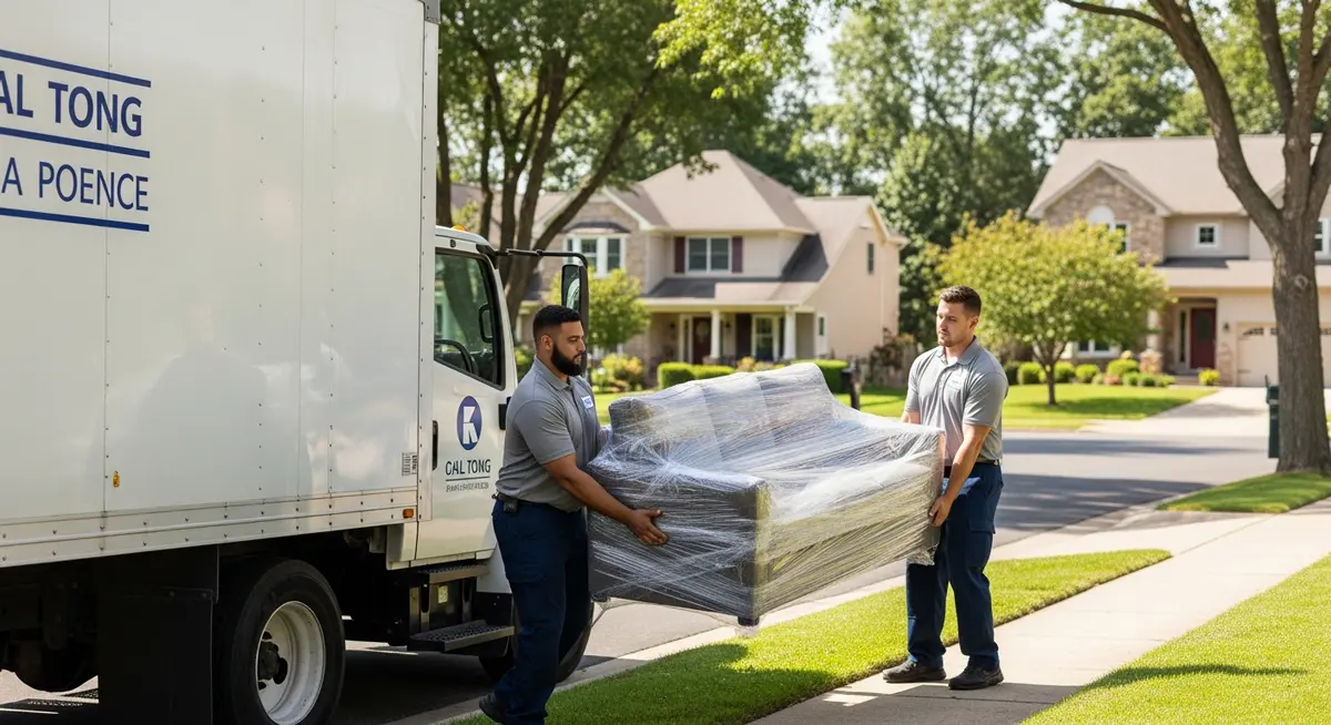 Professional moving company crew loading wrapped furniture into a moving truck on a residential street on a sunny day