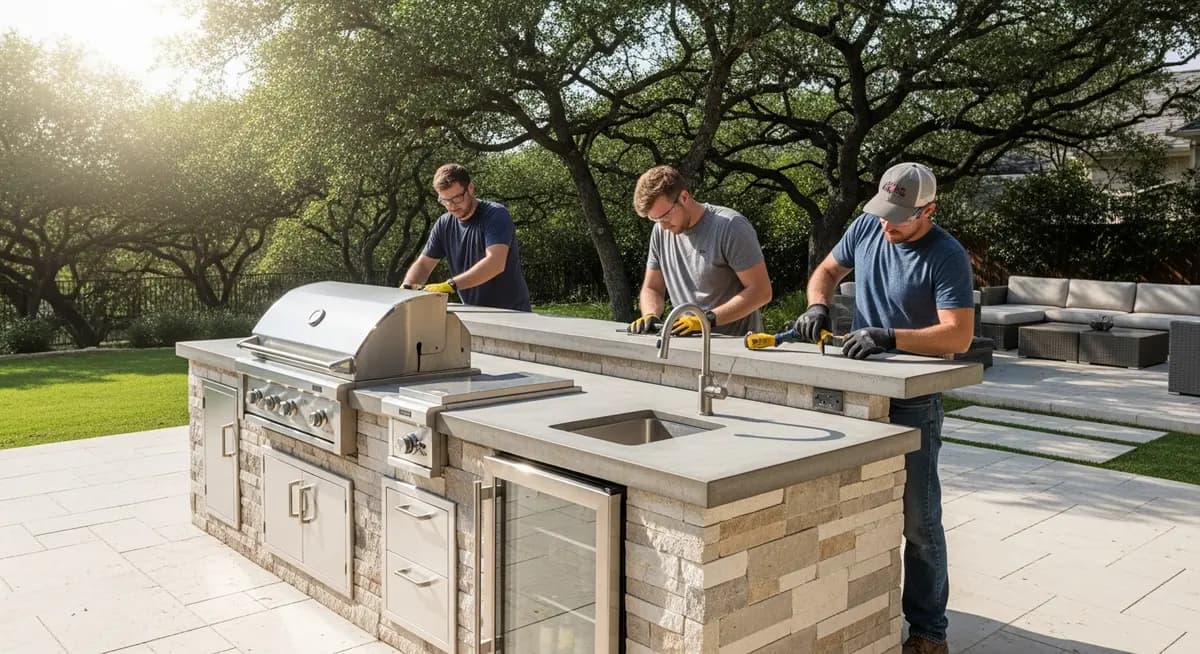 Professional outdoor kitchen contractor installing a custom built-in grill island with stone countertops and stainless steel appliances in a spacious Austin Texas backyard patio setting