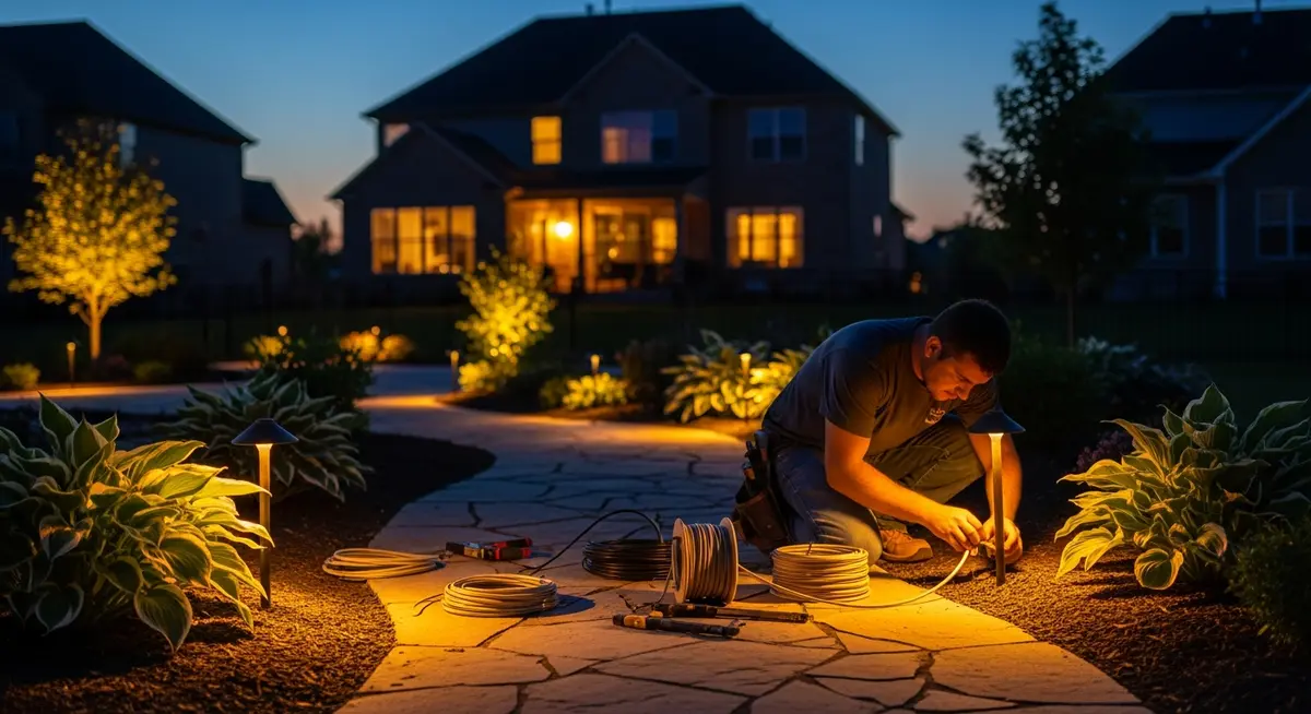 Professional outdoor lighting contractor installing low-voltage landscape uplighting around residential garden beds and stone pathway at dusk with warm amber LED lights illuminating plantings