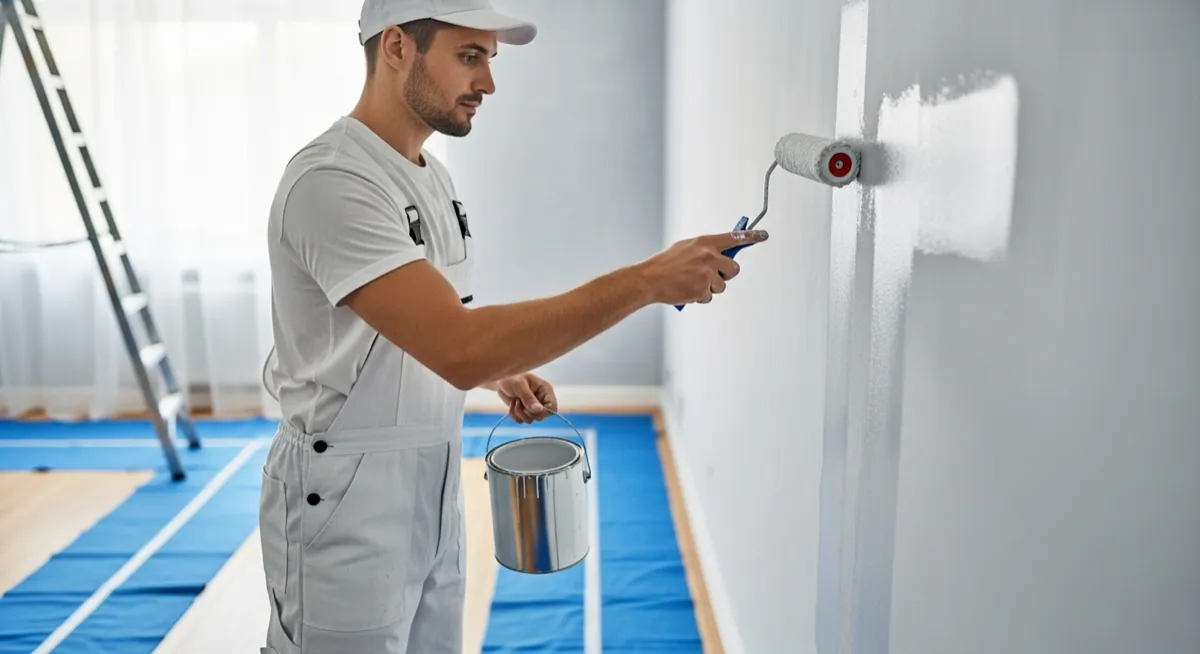 Professional house painter painting an interior wall for painting contractor marketing