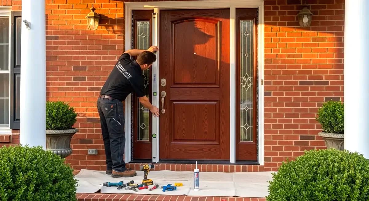 Professional patio door threshold replacement contractor installing new aluminum threshold track on sliding glass patio door San Diego California coastal home Del Mar San Diego County bright sunny day photography