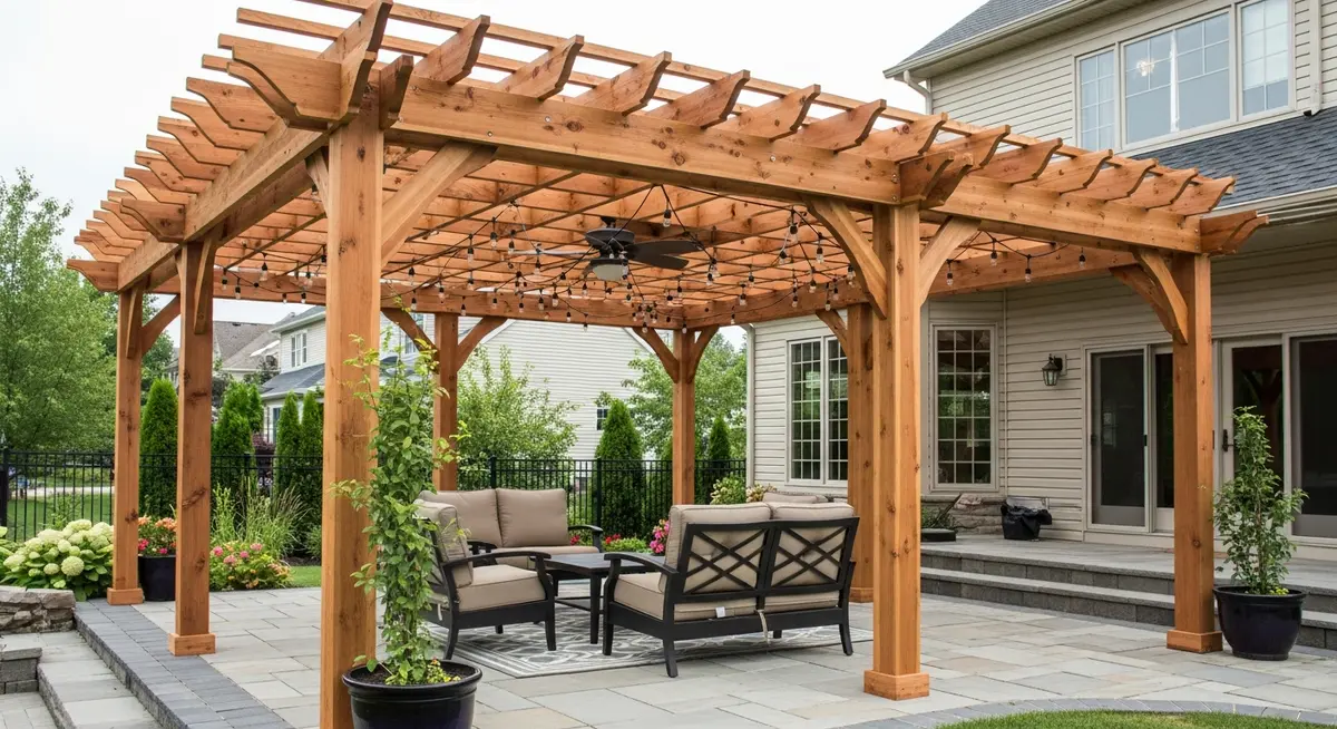 Professional pergola contractor installing a beautiful cedar wood pergola in a spacious backyard with stone patio, outdoor furniture, and string lights at a suburban home