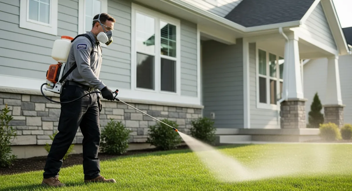 Professional pest control technician treating a residential home for pest control marketing