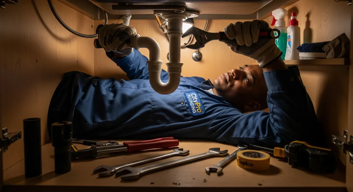 Professional plumber working under a sink for plumbing contractor marketing
