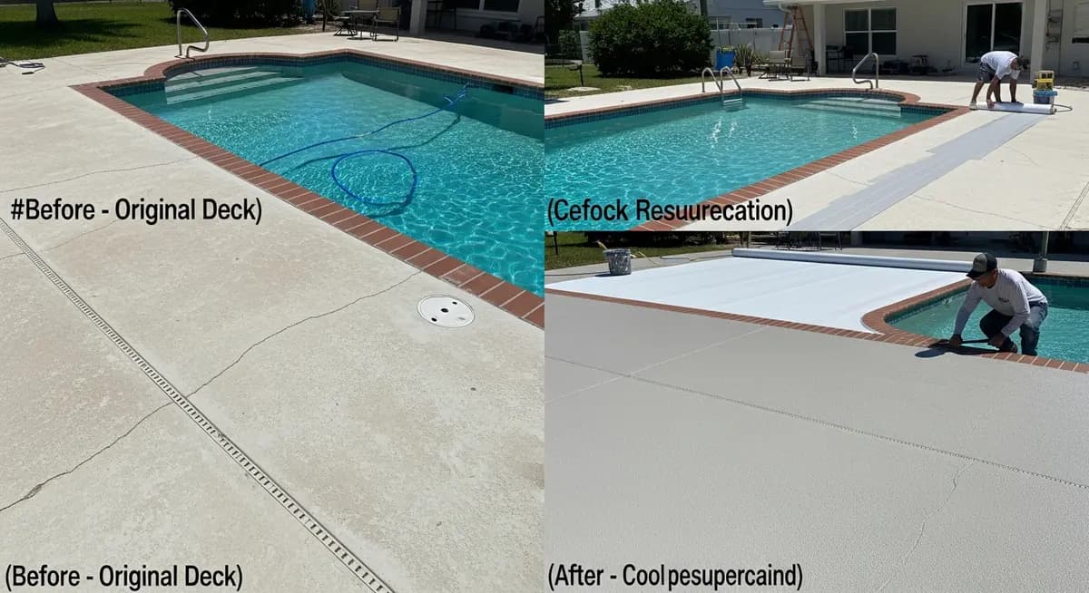 Professional pool deck resurfacing contractor applying cool deck coating on a residential swimming pool deck with turquoise pool water visible and freshly resurfaced concrete showing before-and-after transformation