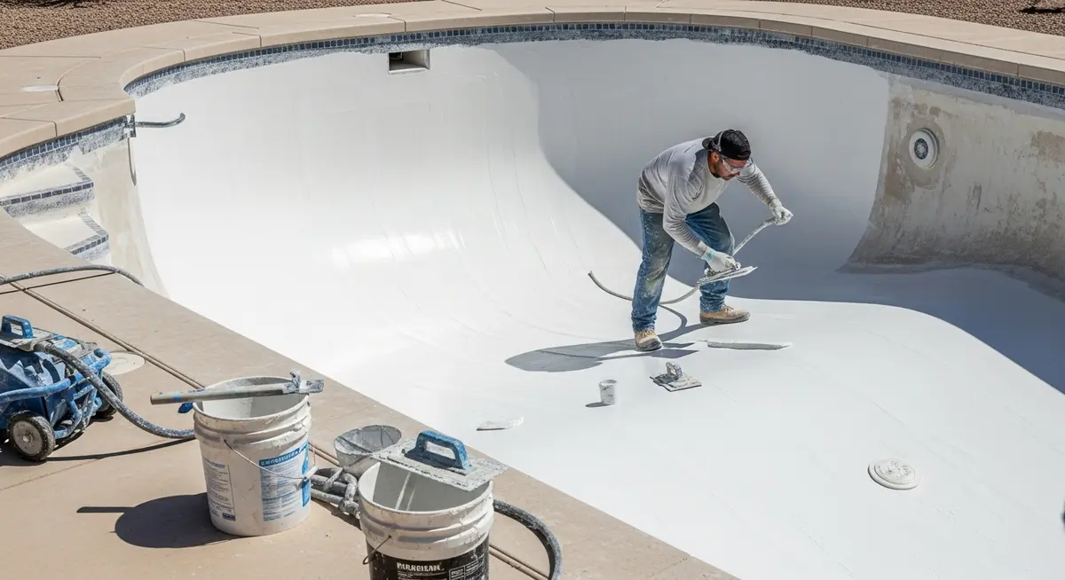 Professional pool resurfacing contractor applying white plaster finish to empty residential swimming pool interior in Arizona showing smooth new marcite surface application and professional pool replastering equipment