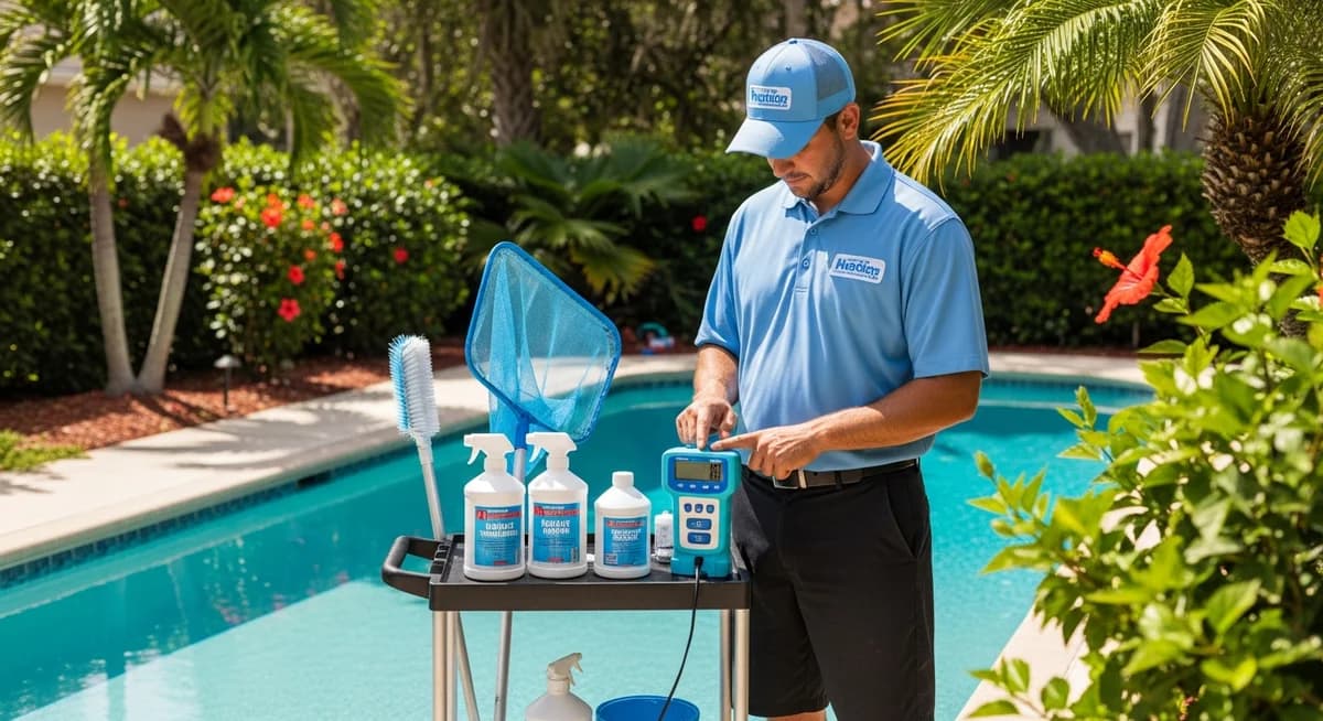 Professional pool service technician testing water chemistry beside a sparkling blue residential swimming pool in Florida