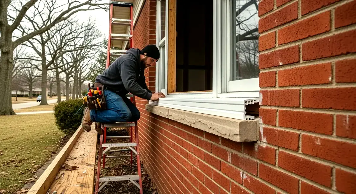 Professional porch column base rot repair contractor replacing rotted wood column base on residential front porch in Raleigh North Carolina Wake County suburban home warm Piedmont summer morning sunlight residential neighborhood photography