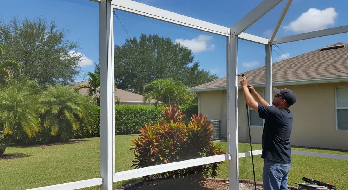 Professional porch screen panel replacement contractor re-screening aluminum-framed screened porch lanai at Orlando Florida suburban residential home Orange County fiberglass mesh screen repair tropical backyard lush landscaping blue sky photograph