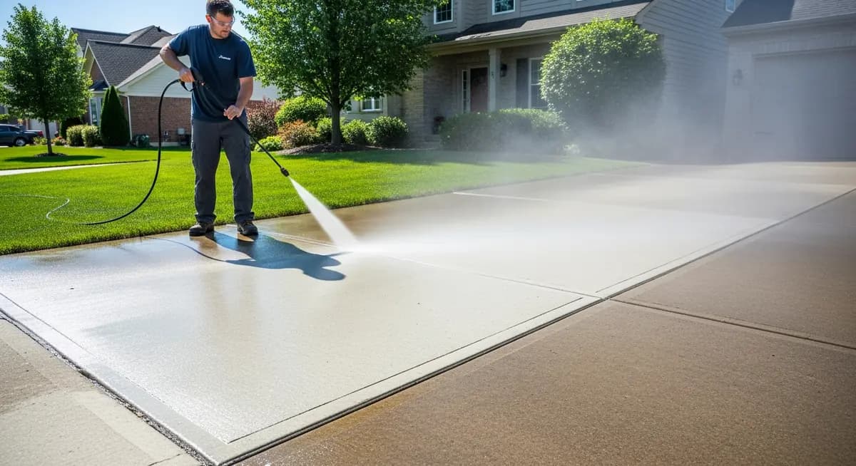 Professional pressure washing contractor cleaning a residential driveway and home exterior