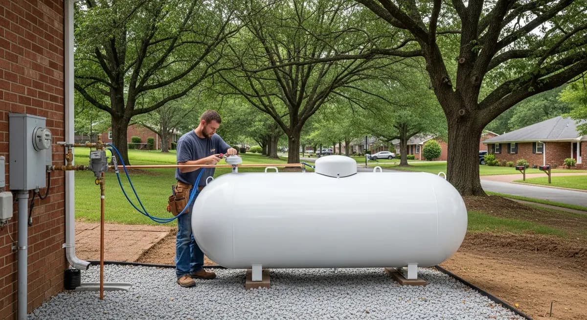 Professional propane tank installation contractor installing a white 500-gallon above-ground propane tank in the backyard of a Nashville Tennessee suburban home showing the contractor connecting the propane regulator and pressure relief valve the white cylindrical propane tank on a concrete pad set back 10 feet from the house per NFPA 58 clearance requirements copper gas line running from the tank to the house meter and regulator assembly Nashville suburban neighborhood with mature oak trees and a 1980s brick ranch home in the background