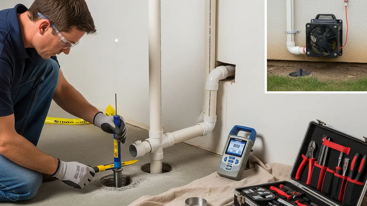 Professional radon mitigation contractor installing a sub-slab depressurization system with PVC pipe through basement floor and radon fan mounted on exterior wall