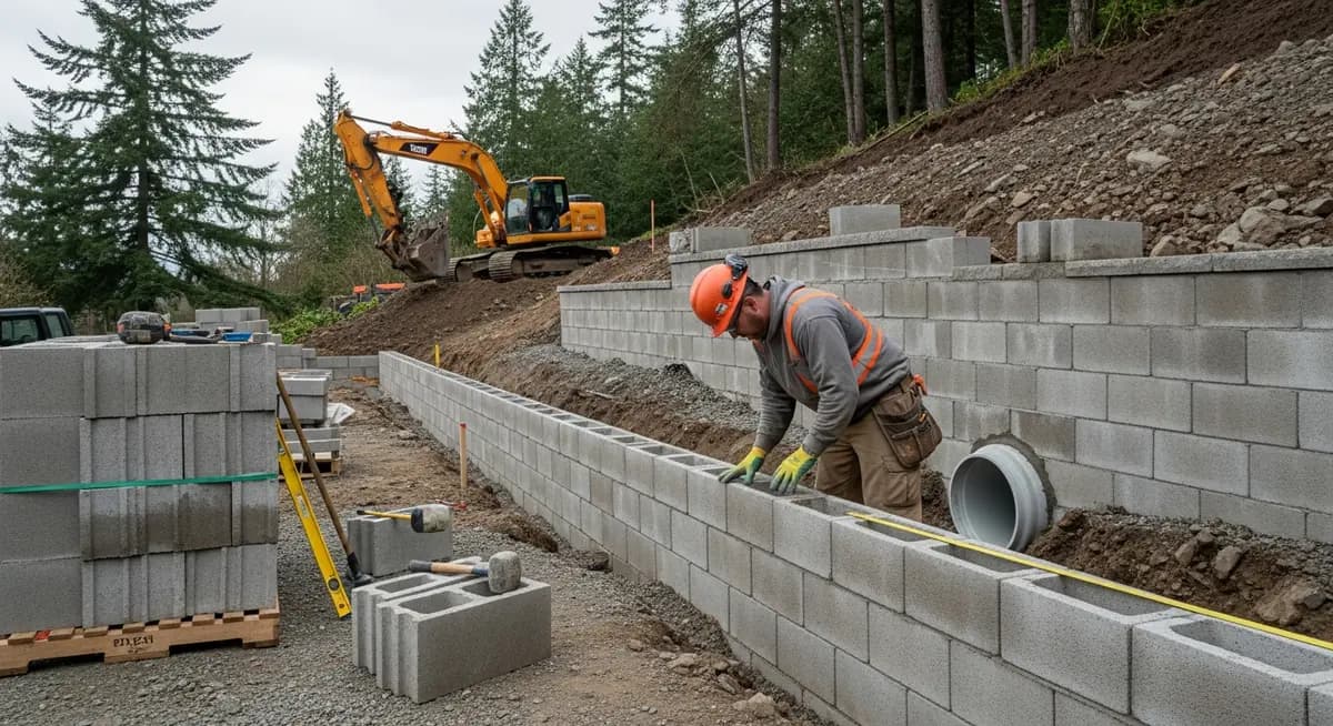 Professional retaining wall contractor installing engineered concrete block retaining wall system on a residential hillside property in Seattle Washington with excavator and drainage pipe visible