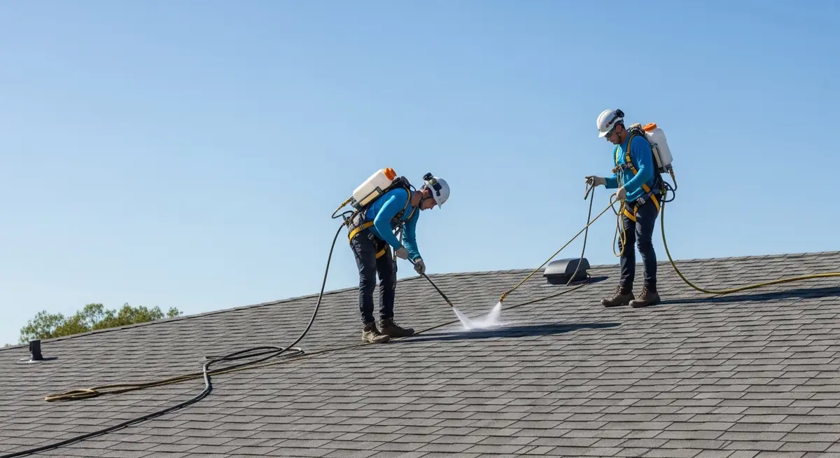 Professional roof cleaning contractor performing soft wash moss and algae removal on a Pacific Northwest craftsman home roof in Portland Oregon with safety harness and low-pressure chemical application equipment