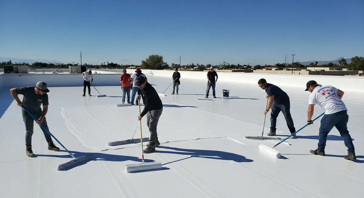Professional roof coating contractor applying white silicone elastomeric coating to a large flat commercial building roof in Phoenix Arizona with roller and spray equipment on a bright sunny desert day