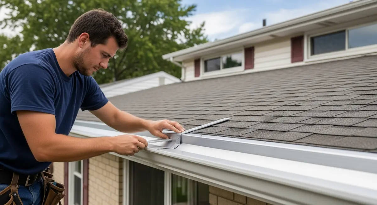 Professional roofing contractor installing new aluminum drip edge metal flashing at the eave line of a residential home in Columbus Ohio showing the drip edge strip being nailed along the roof deck edge before shingle installation
