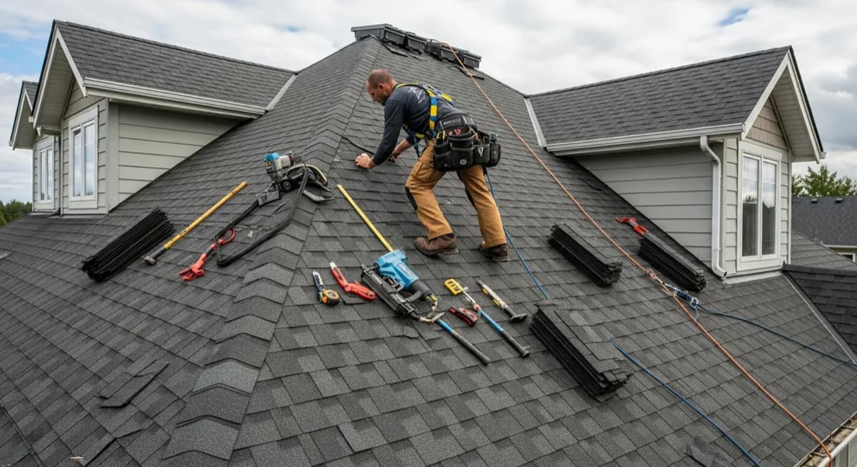 Professional roofer working on a residential roof for roofing contractor marketing