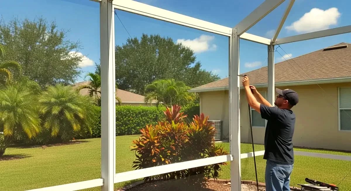 Professional contractor replacing corroded aluminum screen door frame hinge on residential screen door in Atlanta Georgia Fulton County Buckhead Sandy Springs neighborhood photography