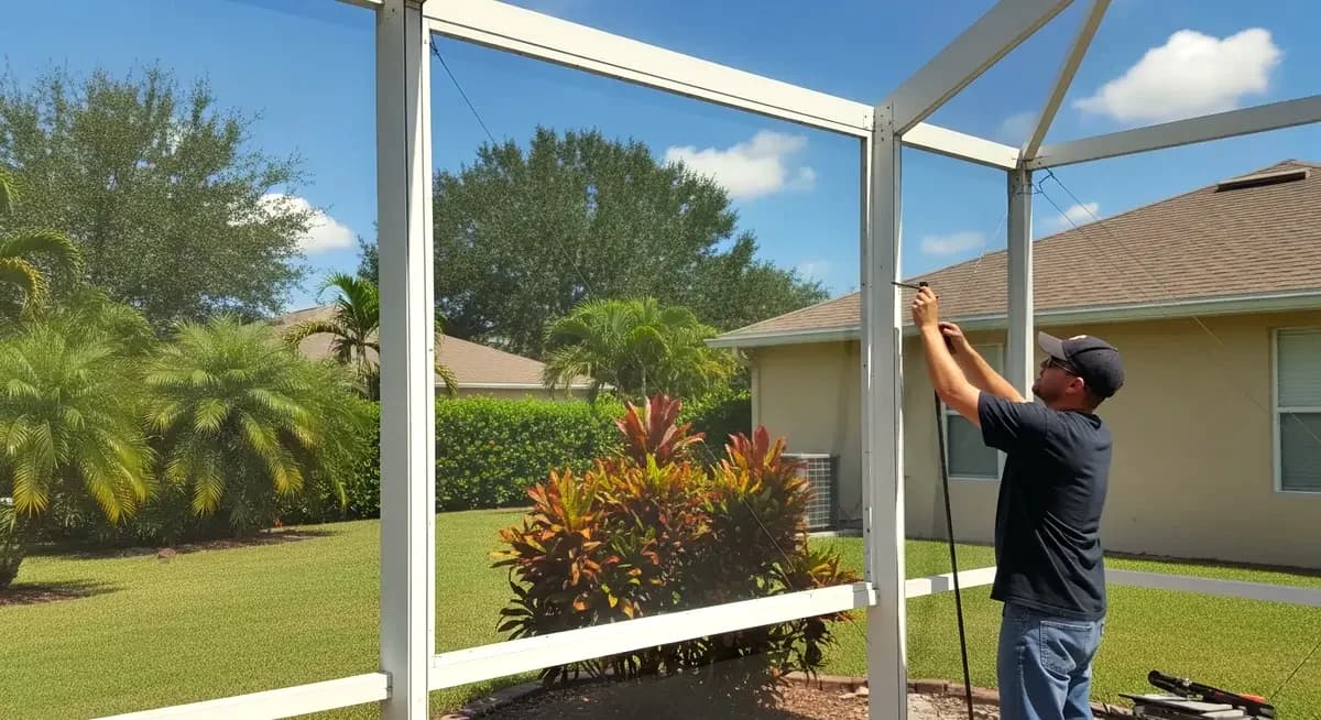 Professional screen door frame replacement contractor installing new anodized aluminum screen door frame on residential sliding screen door at Miami Florida Miami-Dade County backyard lanai Biscayne Bay waterfront home tropical landscaping bright subtropical morning photograph