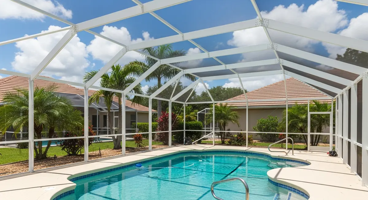 Professional screen enclosure contractor installing aluminum-framed birdcage pool enclosure over a Florida residential swimming pool with fiberglass screen panels and tropical landscaping visible through the aluminum cage structure in bright Tampa Bay sunshine