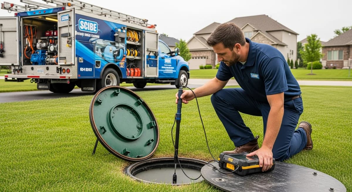 Professional septic system contractor inspecting a residential septic tank in a suburban backyard with specialized service equipment