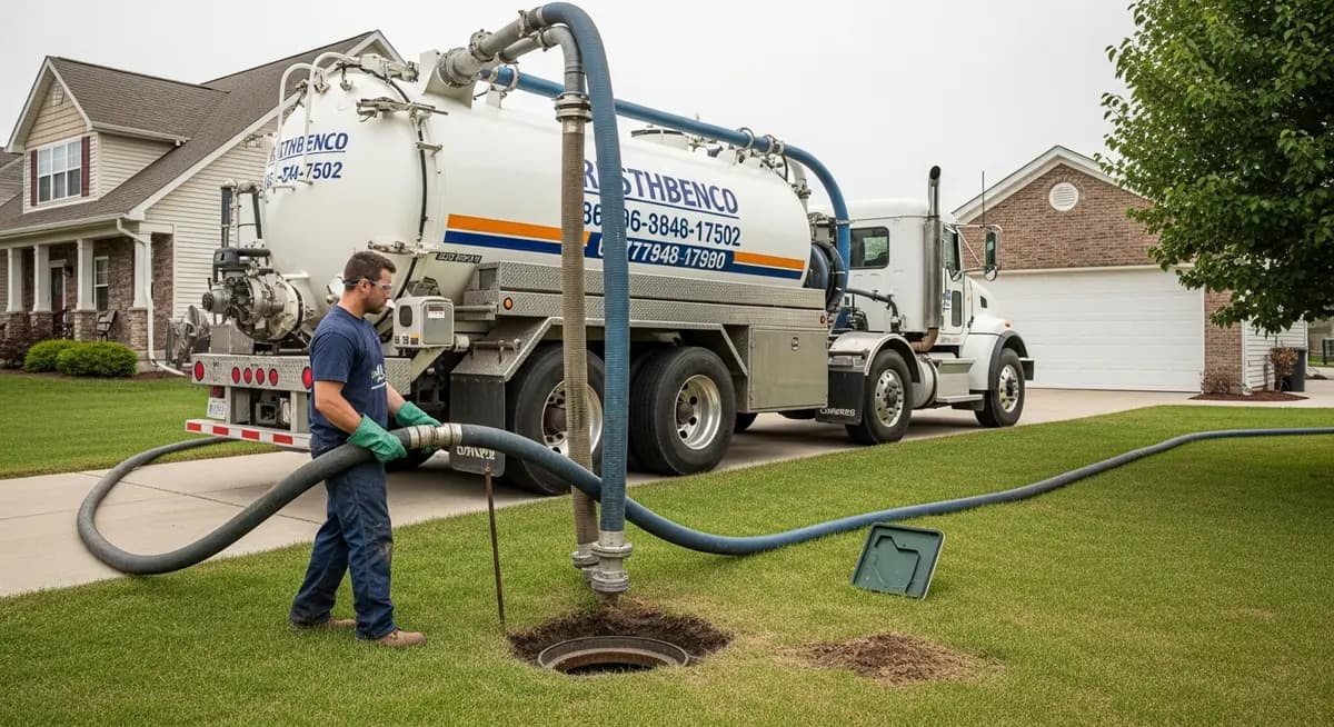 Professional septic tank pumping contractor operating a vacuum tanker truck at a residential property with technician connecting hose to septic access port
