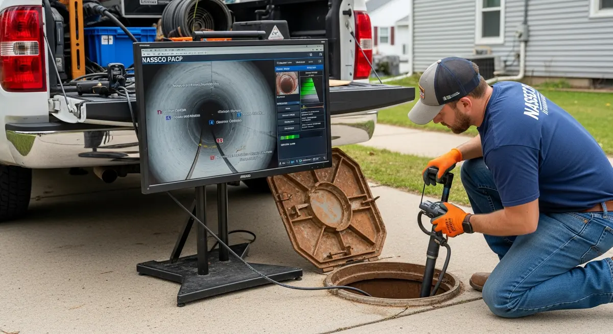 Professional sewer scope inspection contractor kneeling beside a residential cleanout access point in Cleveland Ohio inserting a NASSCO-certified sewer camera into a clay tile sewer lateral with a laptop mounted on the service truck tailgate displaying the PACP sewer inspection video feed showing pipe condition and defect grading on screen