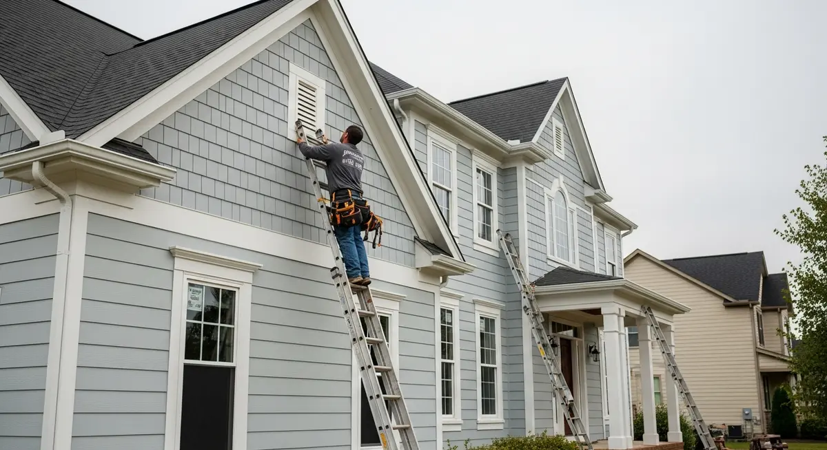 Professional siding contractor replacing individual vinyl siding panels on Charlotte North Carolina residential home exterior after hailstorm showing Mecklenburg County suburban neighborhood with HOA community street