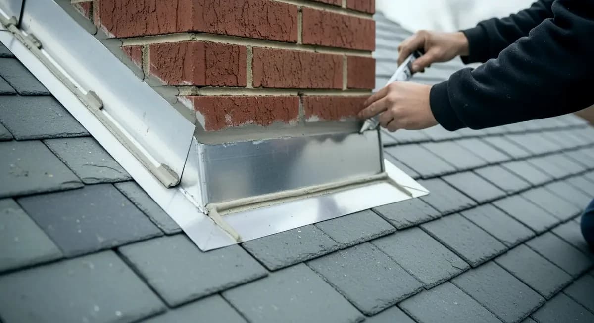 Professional skylight flashing replacement contractor installing new aluminum step flashing around skylight curb on Portland Oregon Pacific Northwest Craftsman bungalow roof Multnomah County overcast sky photography