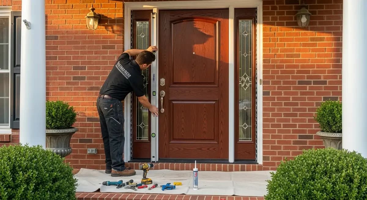 Professional sliding glass door track replacement contractor installing new anodized aluminum bottom track on large sliding glass door Jacksonville Florida Duval County suburban home bright sunlit interior living room photography